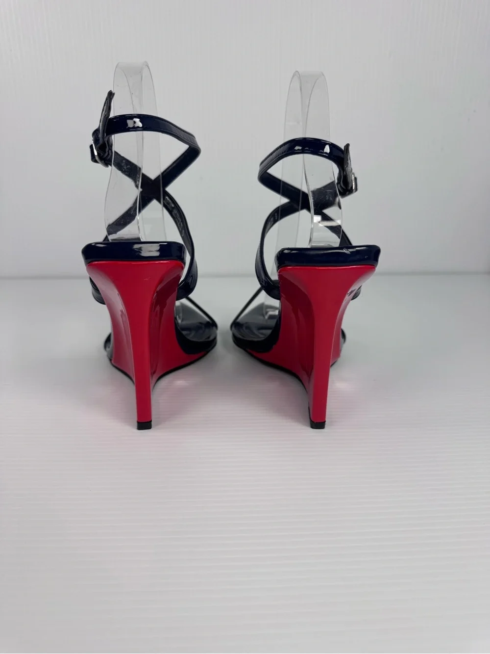 Azalea Wang Seung Navy Multi Patent Wedge Heels | Strappy Pointed Toe Sz 6 - 7.5